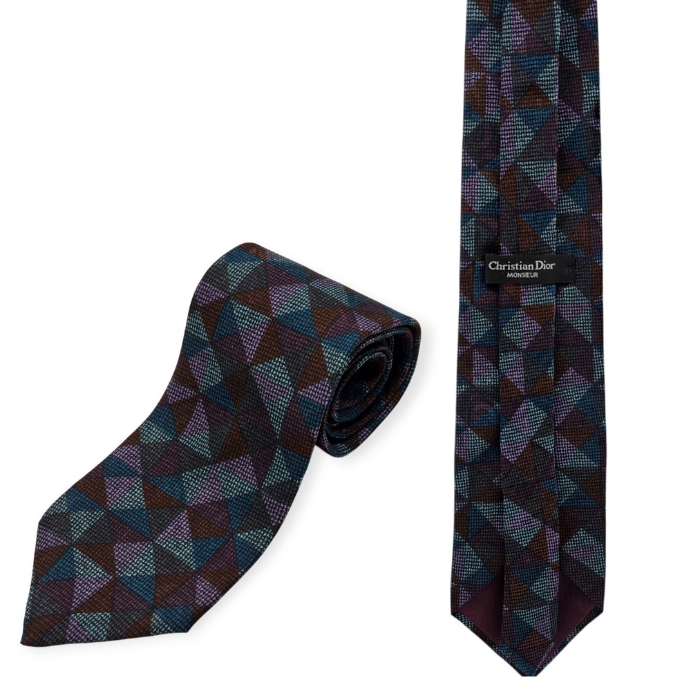 Vintage Christian Dior Monsieur Neck Tie Prism Geometric Printed Polyester‎